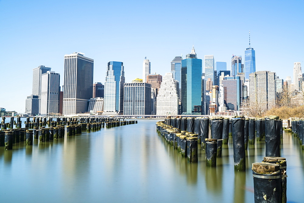 Lower Manhattan skyline viewed from Brooklyn side of East River, New York City, United States of America, North America