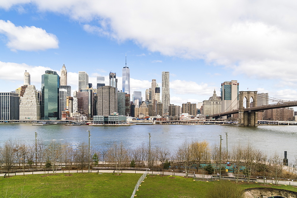 Manhattan skyline and Brooklyn Bridge, New York City, United States of America, North America