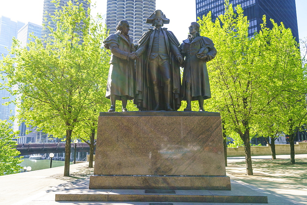 Robert Morris, George Washington, Haym Salomon Memorial statue stands by the Chicago River, Chicago, Illinois, United States of America, North America