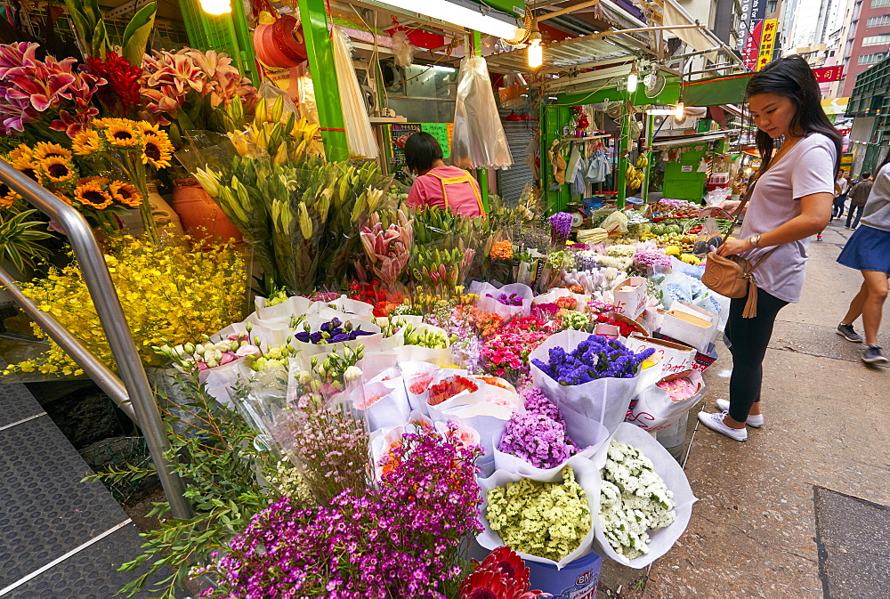 Colourful flower shop in the Mid Levels, Hong Kong Island, Hong Kong, China, Asia