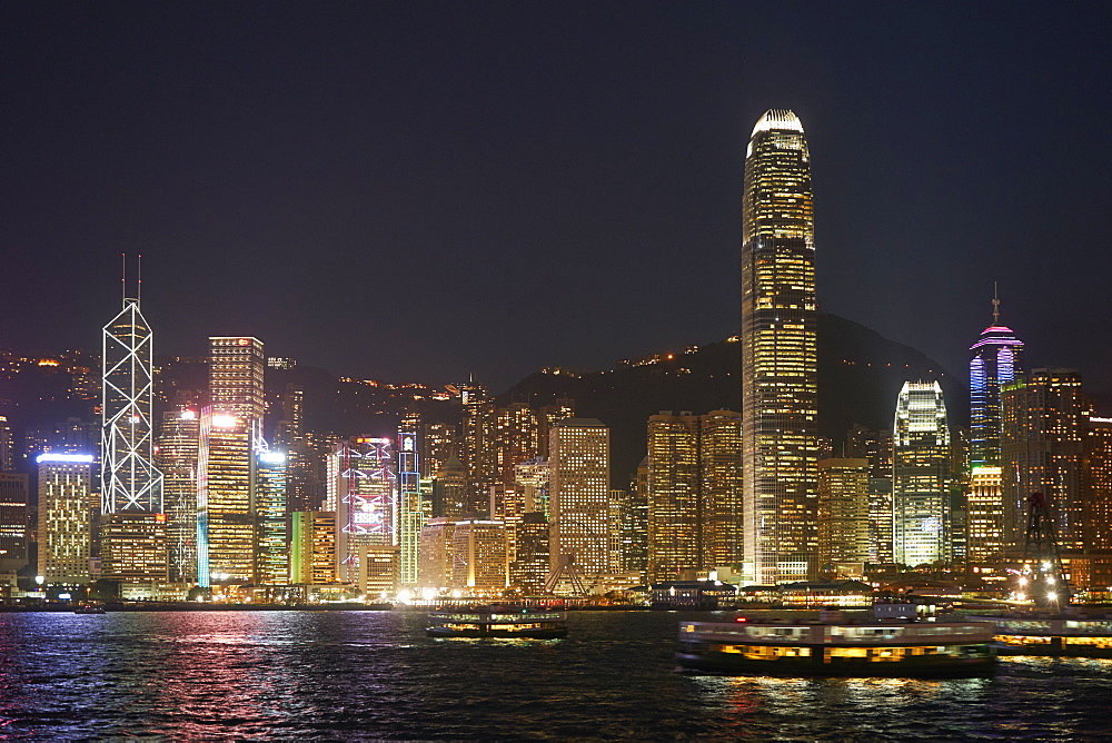 Hong Kong skyline at night showing the financial centre on Hong Kong Island with Bank of China Tower and Two International Finance Centre (2IFC), Hong Kong, China, Asia