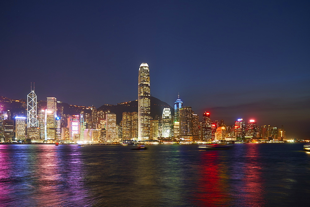 City skyline at night of the financial centre on Hong Kong Island with Bank of China Tower and Two International Finance Centre (2IFC), Hong Kong, China, Asia