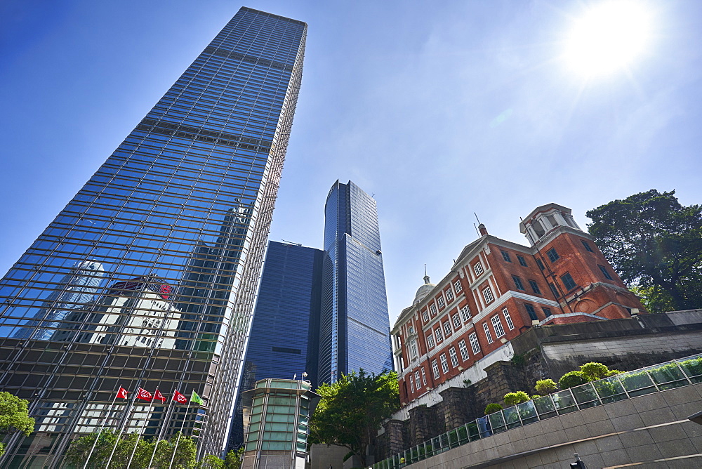 Modern skyscrapers stand next to the colonial Former French Mission Building in Central, Hong Kong Island, Hong Kong, China, Asia