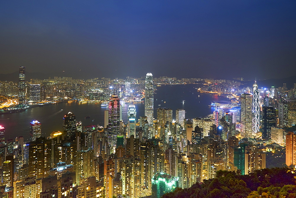 City skyline by night viewed from Victoria Peak, Hong Kong, China, Asia