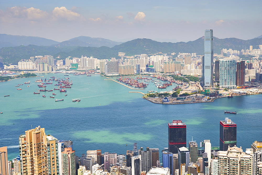 New Yau Ma Tei Typhoon Shelter and city skyline, viewed from Victoria Peak, Hong Kong, China, Asia