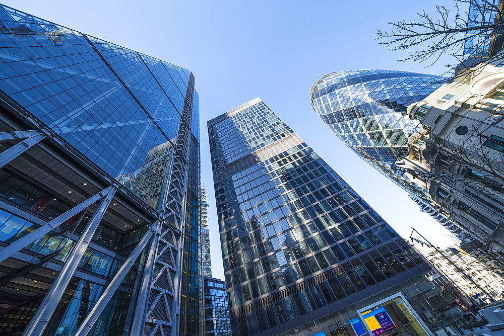 Financial district skyscrapers, including 30 St. Mary Axe, known as the Gherkin and the Leadenhall Building known as the Cheesegrater, City of London, London, England, United Kingdom, Europe