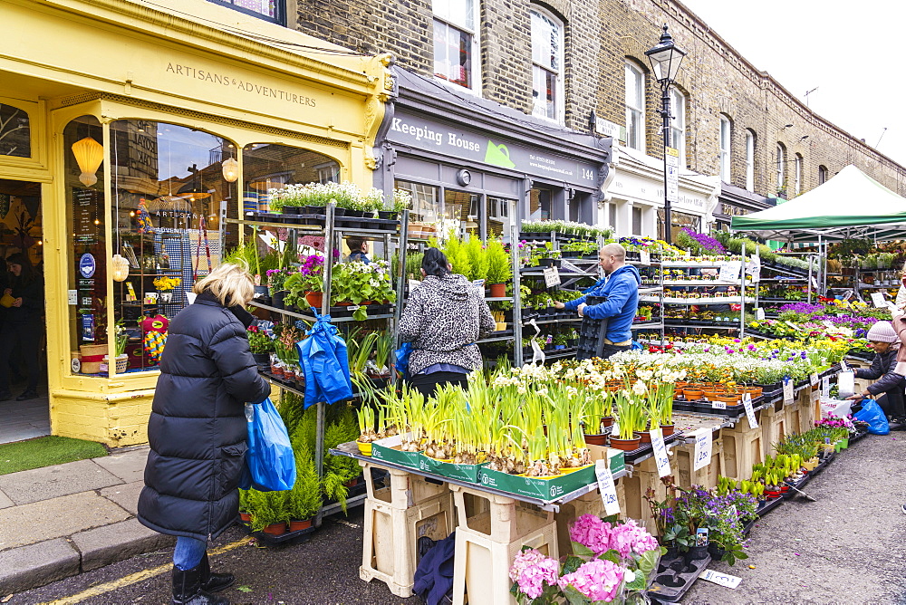 Columbia Road Flower Market, a very popular Sunday market between Hoxton and Bethnal Green in East London, London, England, United Kingdom, Europe.