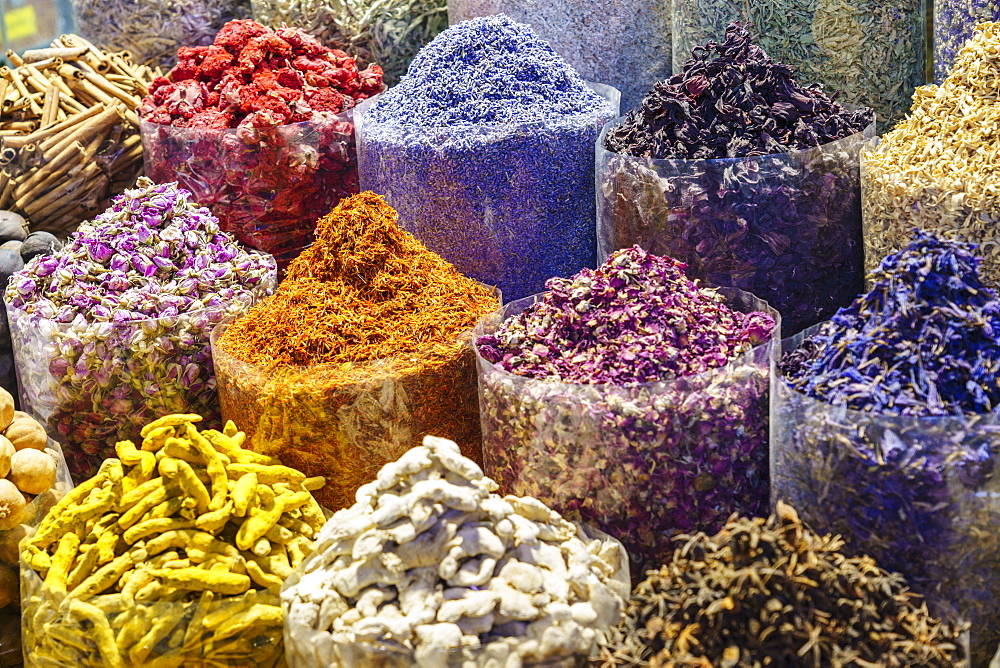 Spices for sale in the Spice Souk, Al Ras, Deira, Dubai, United Arab Emirates, Middle East