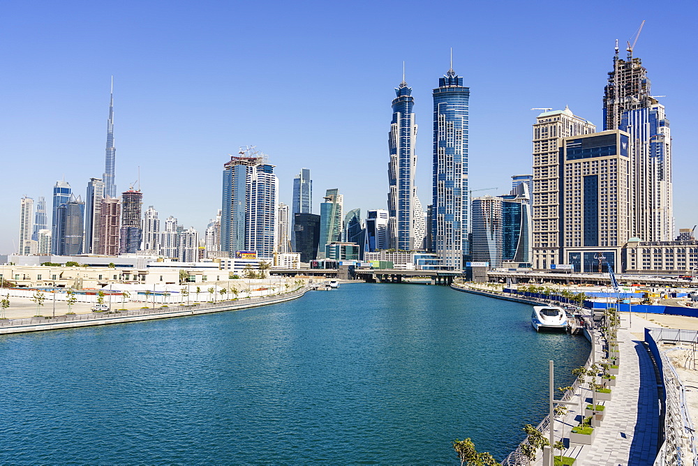 Dubai skyline from Dubai Water Canal, Business Bay, Dubai, United Arab Emirates, Middle East