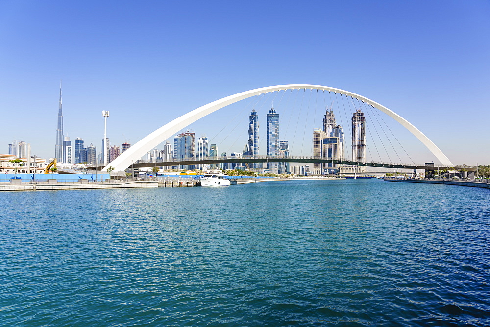 Tolerance Bridge, a new pedestrian bridge spanning Dubai Water Canal, Business Bay, Dubai, United Arab Emirates, Middle East