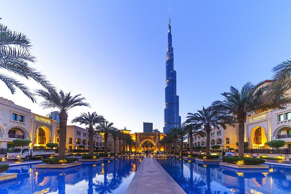 Burj Khalifa and Palace Hotel at dusk, Downtown, Dubai, United Arab Emirates, Middle East