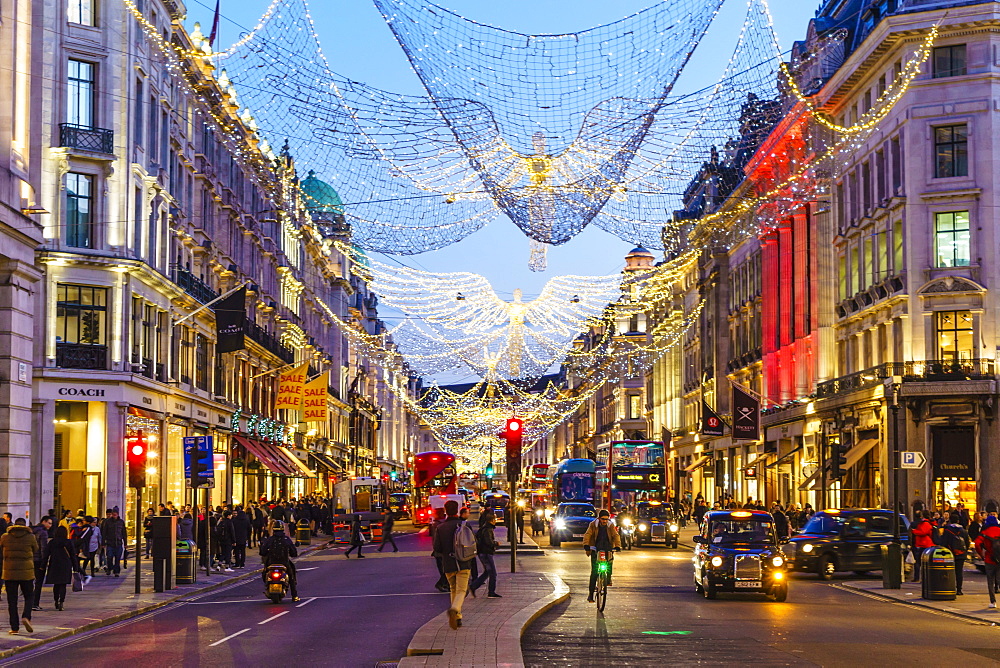 Regent Street with Christmas decorations, London, England, United Kingdom, Europe