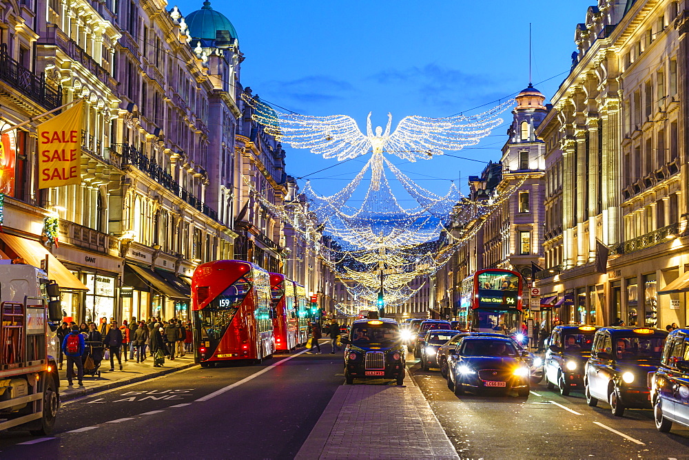 Regent Street with Christmas decorations, London, England, United Kingdom, Europe