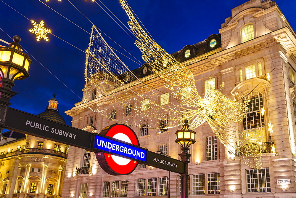 Christmas decorations at Piccadilly Circus, London, England, United Kingdom, Europe