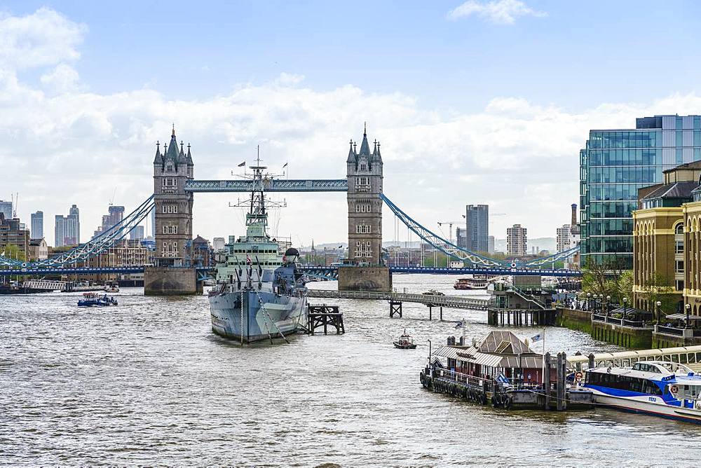 Tower Bridge with HMS Belfast in the foreground, River Thames, London, England, United Kingdom, Europe