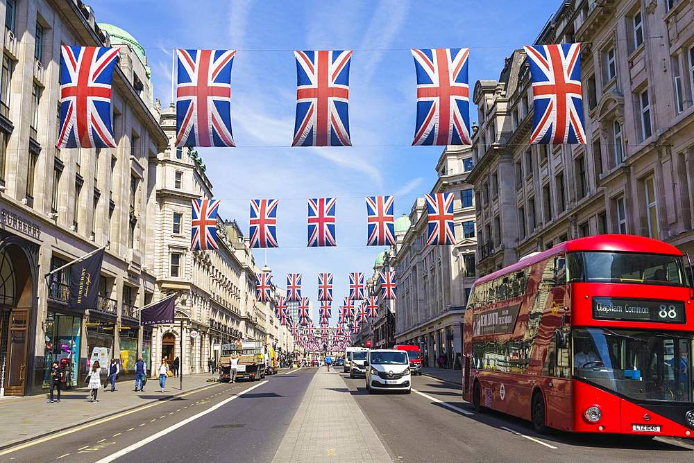 Union flags flying in Regent Street, London, W1, England, United Kingdom, Europe