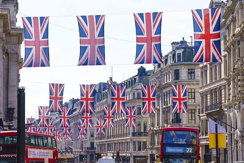 Union flags flying in Regent Street, London, W1, England, United Kingdom, Europe