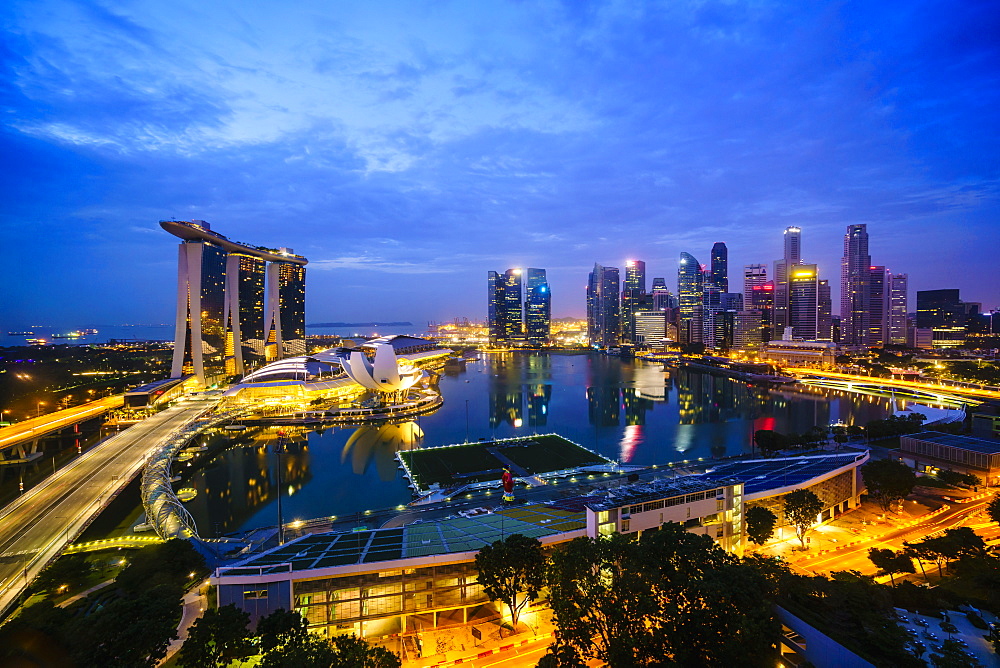 The towers of the Central Business District and Marina Bay by night, Singapore, Southeast Asia, Asia