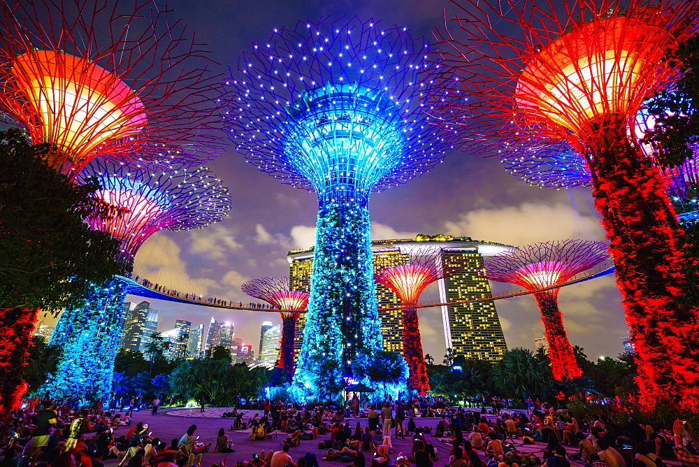 Supertree Grove in the Gardens by the Bay, a futuristic botanical gardens and park, illuminated at night, Marina Bay, Singapore, Southeast Asia, Asia