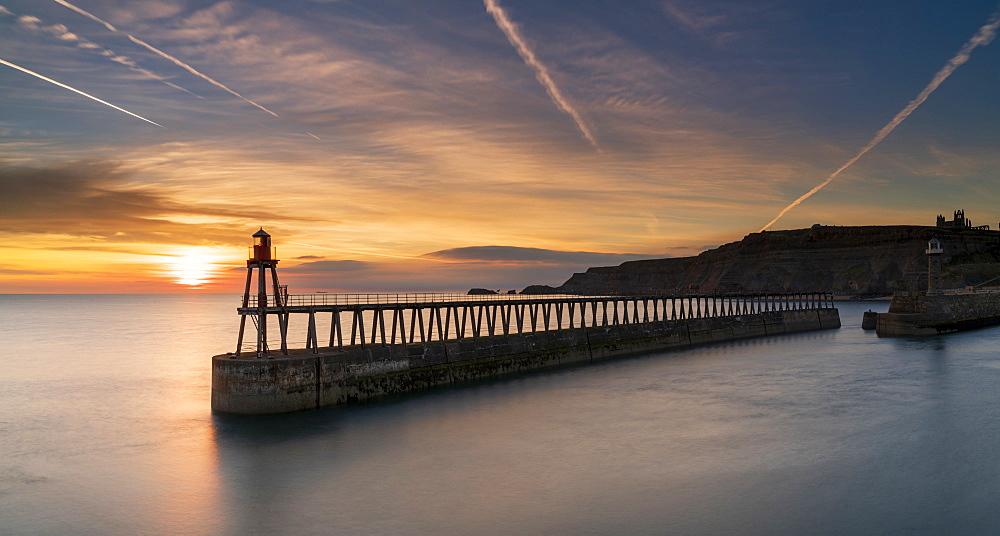 Sunrise over Whitby harbour and River Esk in mid-September, Yorkshire, England, United Kingdom, Europe