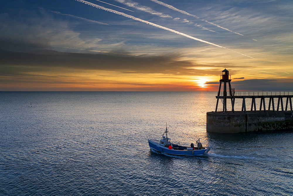 Sunrise over Whitby harbour and River Esk in mid-September, Yorkshire, England, United Kingdom, Europe