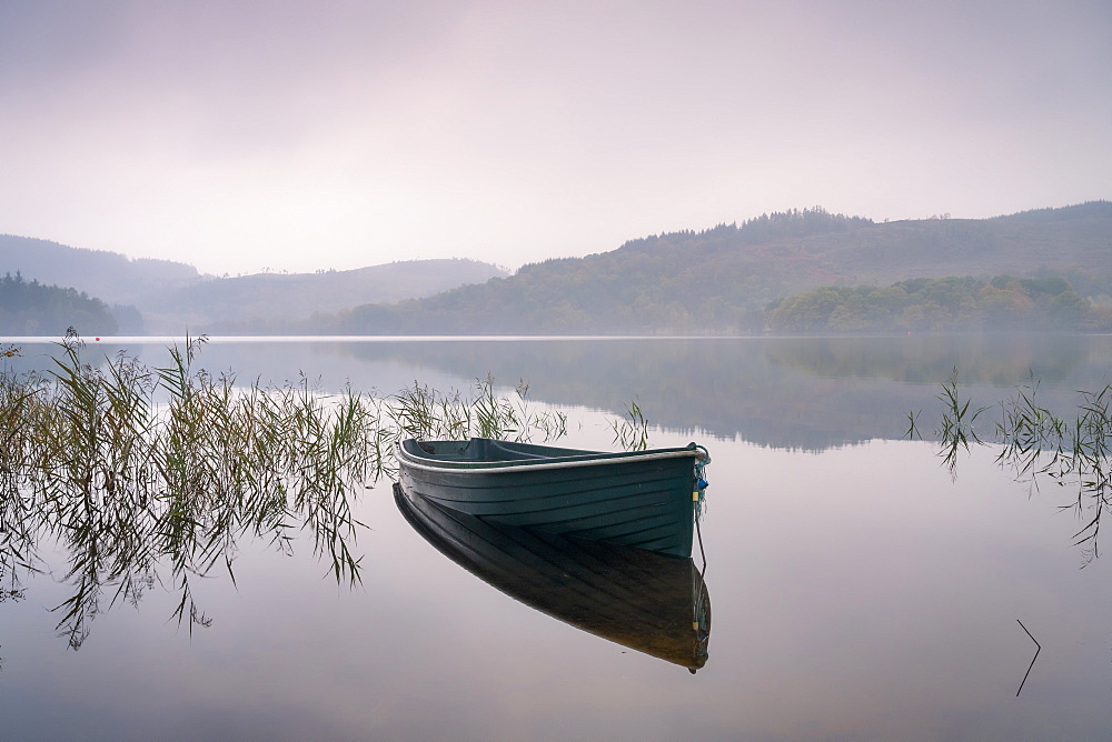 A misty autumn morning at Kinlochard, Loch Ard, Aberfoyle, Loch Lomond and The Trossachs National Park, Stirlingshire, Scotland, United Kingdom, Europe