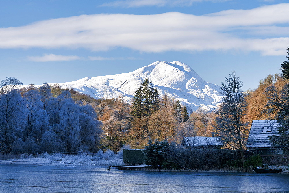 Loch Ard, Aberfoyle, and Ben Lomond in mid-winter, Loch Lomond and the Trossachs National Park, Scotland, United Kingdom, Europe