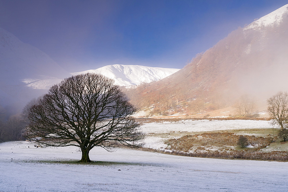 Snow and mist at Glencoyne, Ullswater, Lake District National Park, UNESCO World Heritage Site, Cumbria, England, United Kingdom, Europe