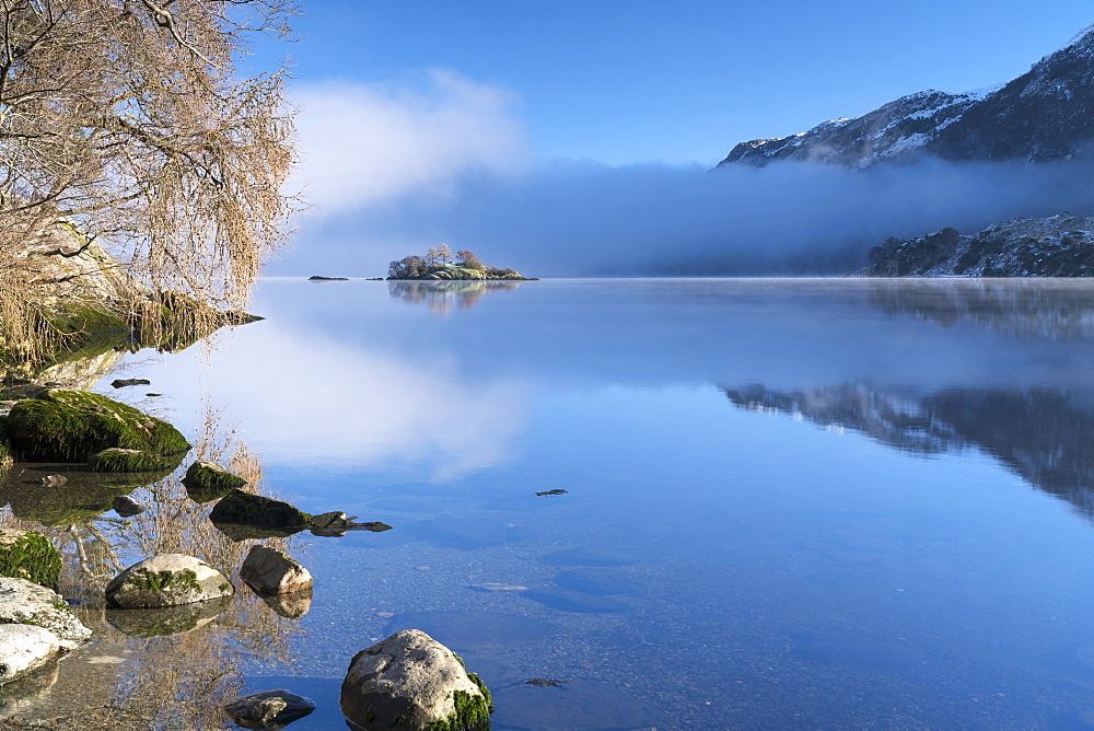 Norfolk Island shrouded in mist, Ullswater, Lake District National Park, UNESCO World Heritage Site, Cumbria, England, United Kingdom, Europe