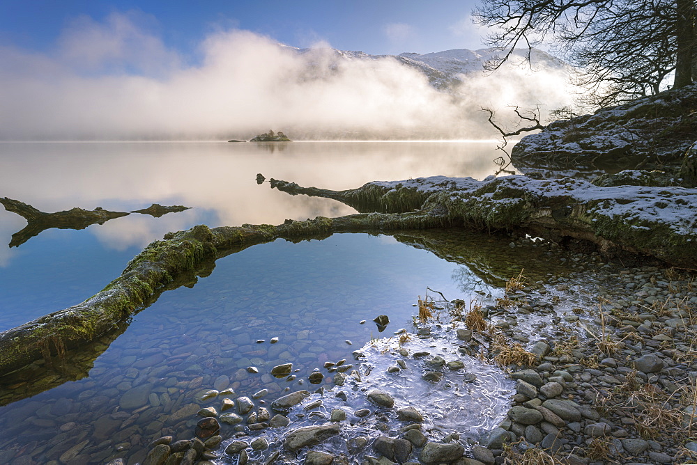 Norfolk Island shrouded in mist, Ullswater, Lake District National Park, UNESCO World Heritage Site, Cumbria, England, United Kingdom, Europe