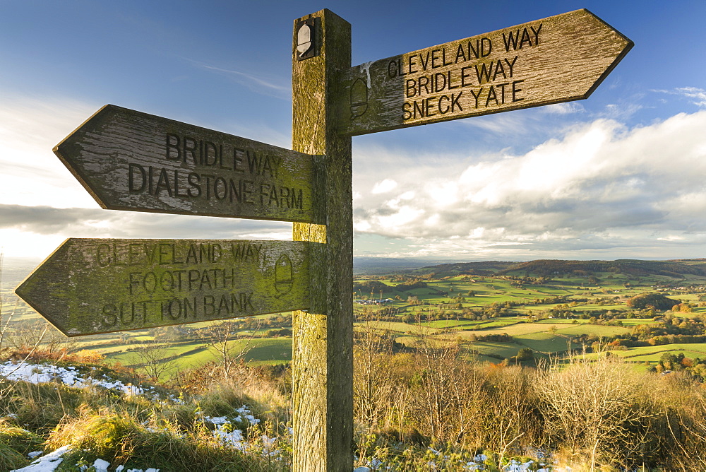 Sneck Yate signpost at Whitestone Cliffe, on The Cleveland Way long distance footpath, North Yorkshire, England, United Kingdom, Europe