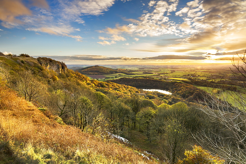 Lake Gormire and The Vale of York from Whitestone Cliffe, along The Cleveland Way, North Yorkshire, Yorkshire, England, United Kingdom, Europe