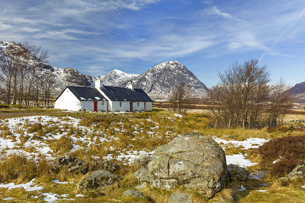 Black Rock Cottage and Buachaille Etive Mor, Glen Coe, Argyll and Bute, Scotland, United Kingdom, Europe