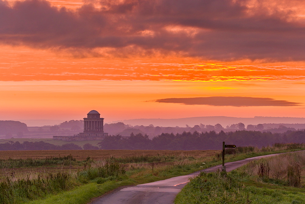 September sunrise over the Mausoleum on the Castle Howard Estate, North Yorkshire, Yorkshire, England, United Kingdom, Europe