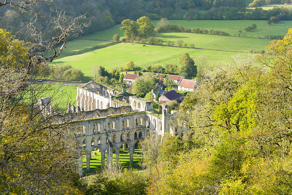 Rievaulx Abbey and remote village near Helmsley in North Yorkshire, England, United Kingdom, Europe