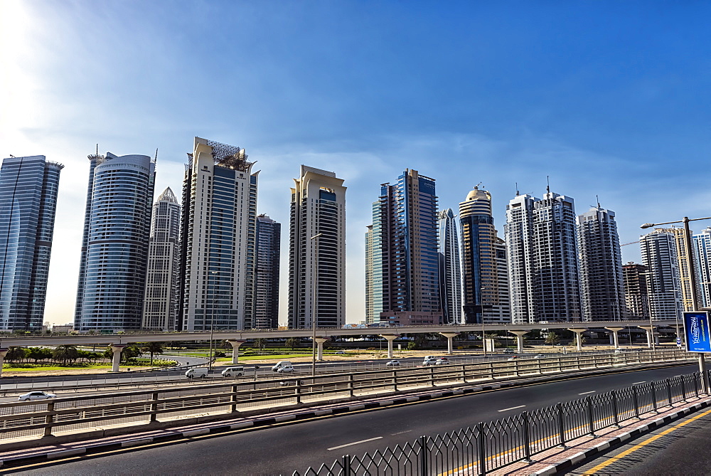 A row of skyscrapers line the Dubai skyline, Downtown Dubai, United Arab Emirates, Middle East