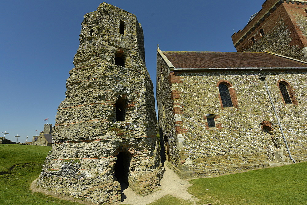 St. Mary in Castro and Roman Pharos, an ancient lighthouse, at Dover Castle, Dover, United Kingdom