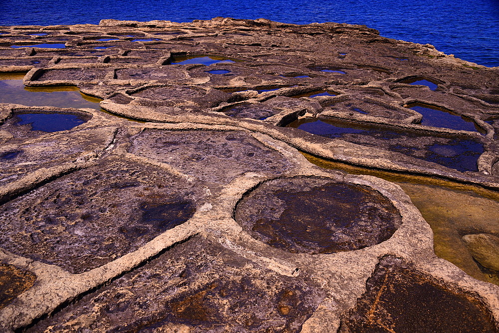 Salt pans in Marsaskala, Malta, Mediterranean, Europe