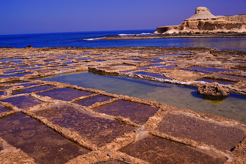 Salt pans on the island of Gozo, Malta, Mediterranean, Europe