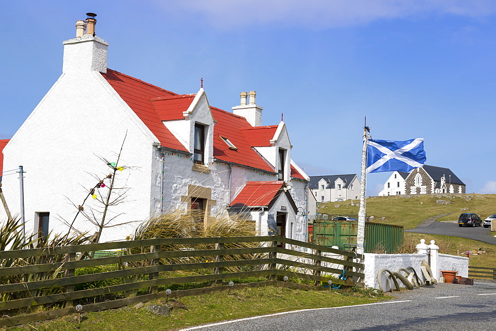 House with Saltire Flag, Isle of Eriskay, Outer Hebrides, Scotland, United Kingdom, Europe