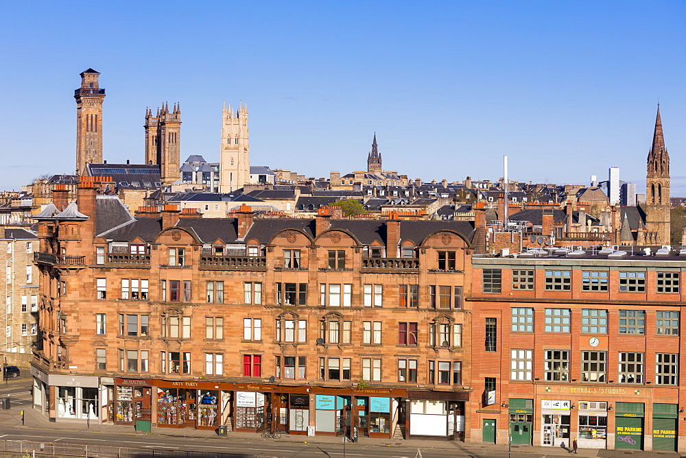 City skyline view of the towers of Trinity College and Park Church in the West End of Glasgow, Scotland, United Kingdom, Europe