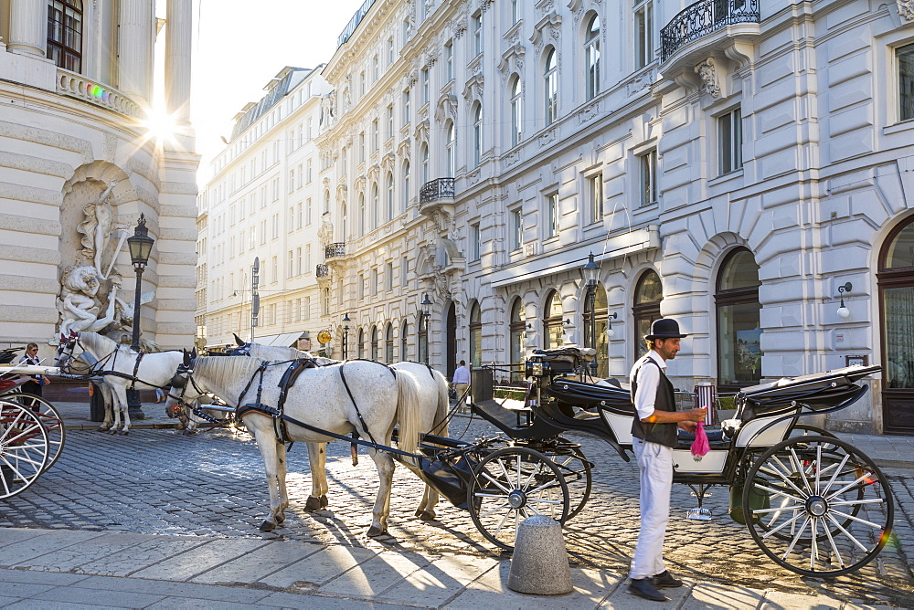 Horse drawn carriage (fiaker) and driver, Hofburg, Michaelerplatz, Vienna, Austria, Europe