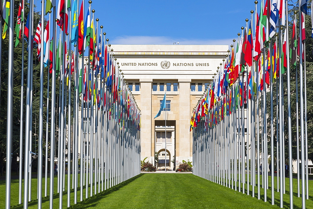 Building A and Flags, The United Nations Office at Geneva (UNOG), Geneva, Switzerland, Europe