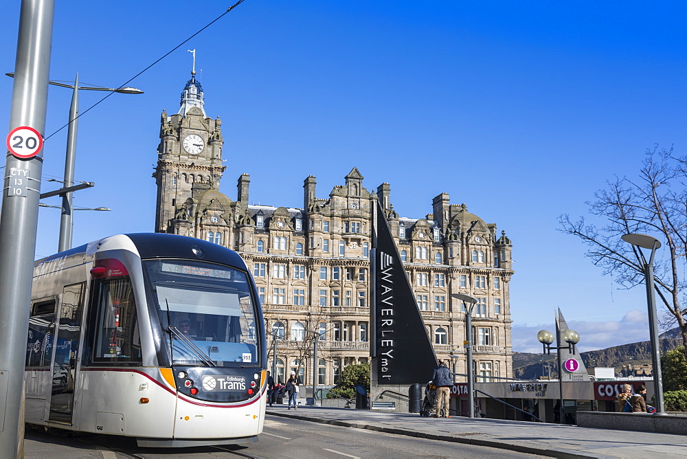 Edinburgh Tram and Balmoral Hotel, Princes Street, Edinburgh, Scotland, United Kingdom, Europe