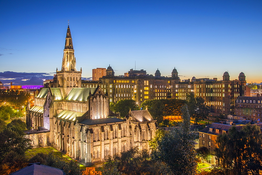 Glasgow Cathedral and Royal Infirmary at dusk, Glasgow, Scotland, United Kingdom, Europe