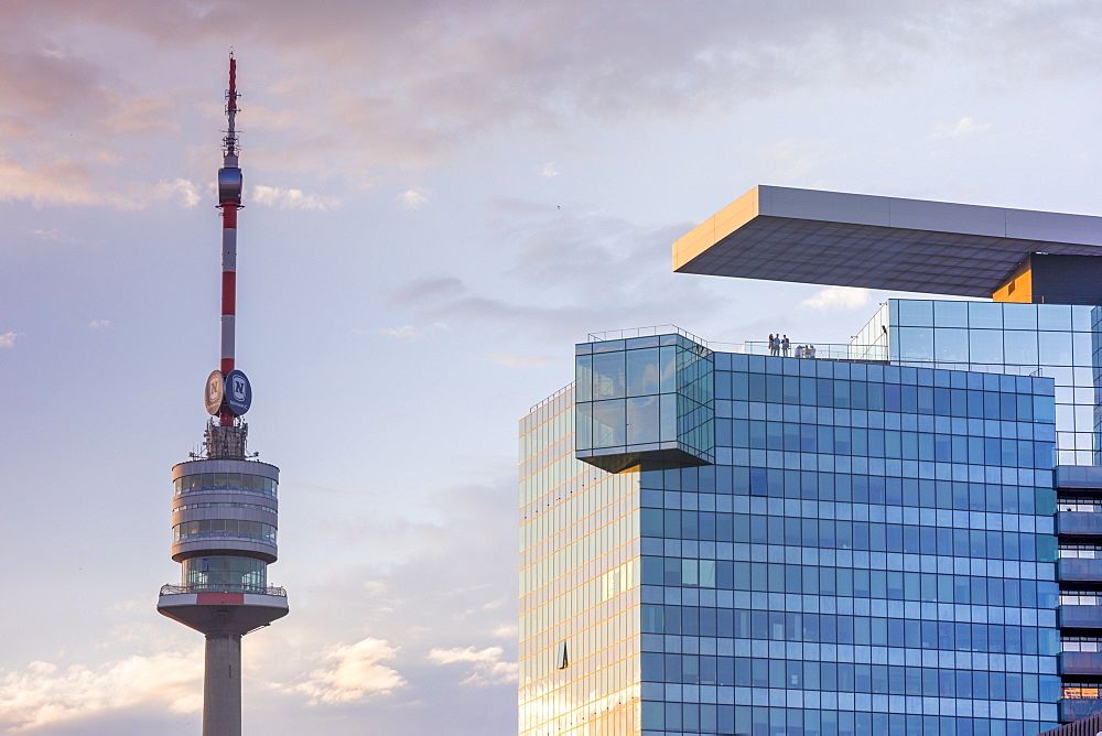 Danube Tower and Saturn Tower at sunset, Vienna, Austria, Europe