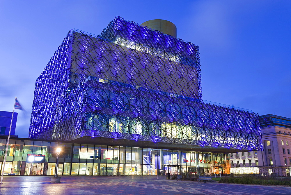 The Library of Birmingham, illuminated at night, Centenary Square, Birmingham, West Midlands, England, United Kingdom, Europe