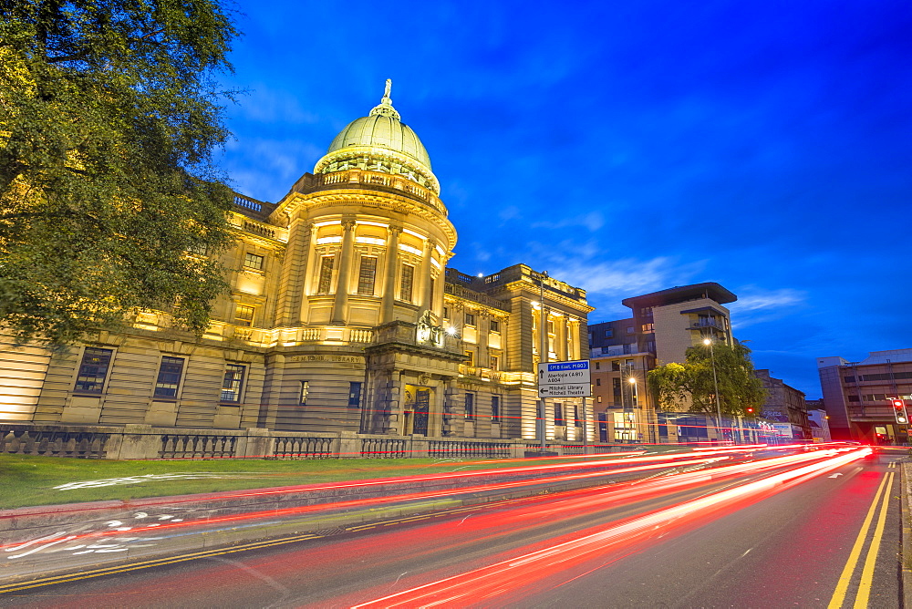 Mitchell Library with traffic trail lights at dusk, Glasgow, Scotland, United Kingdom, Europe