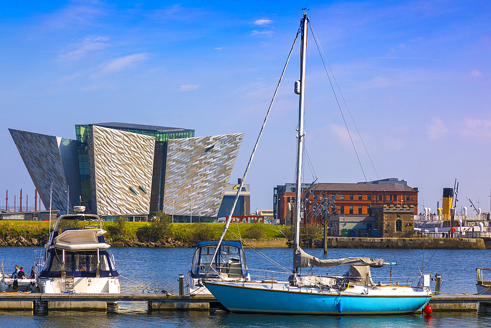 Boats moored in front of Titanic Belfast, Belfast, Ulster, Northern Ireland, United Kingdom, Europe