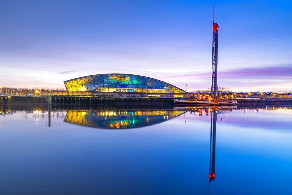 The Science Museum and Glasgow Tower at dusk, River Clyde, Glasgow, Scotland, United Kingdom, Europe